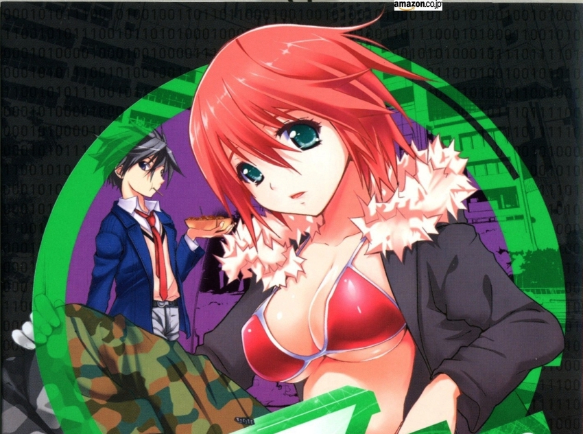 aqua_eyes, bikini, bikini_top_only, breasts, camouflage, cleavage, coat, food