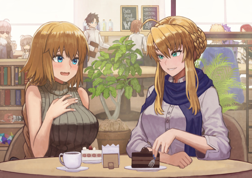 2boys, 6+girls, alternate_costume, artoria_pendragon_(fate), artoria_pendragon_(lancer)_(fate), blonde_hair, blue_eyes, blue_nails, blush, bookshelf, braid, breasts, brown_hair, cafe, cake, cape, casual, chair, chalkboard_sign, character_request, commentary_request, contemporary, cup, disposable_coffee_cup, disposable_cup, fate/grand_order, fate_(series), food, french_braid, fujimaru_ritsuka_(female), fujimaru_ritsuka_(male), green_eyes, grey_hair, hand_on_own_chest, indoors, jar, jeanne_d'arc_(fate), jeanne_d'arc_(ruler)_(fate), jeanne_d'arc_alter_(avenger)_(fate), jeanne_d'arc_alter_(fate), jeanne_d'arc_alter_(ver._shinjuku_1999)_(fate), jeanne_d'arc_alter_santa_lily_(fate), lancelot_(fate/grand_order), lancelot_(first_ascension)_(fate/grand_order), large_breasts, leaf, long_braid, long_hair, looking_at_another, menu_board, multiple_boys, multiple_girls, nail_polish, noukyo_(noukyou), official_alternate_costume, plant, potted_plant, purple_hair, red_eyes, restaurant, saber_alter, saber_alter_(ver._shinjuku_1999)_(fate), saint_quartz_(fate), saucer, scarf, short_hair, short_hair_with_long_locks, sidelocks, sitting, sleeveless, sleeveless_sweater, smile, sunglasses, sweater, table, tristan_(fate), tristan_(second_ascension)_(fate), tsurime, very_long_hair, waiter, white_nails