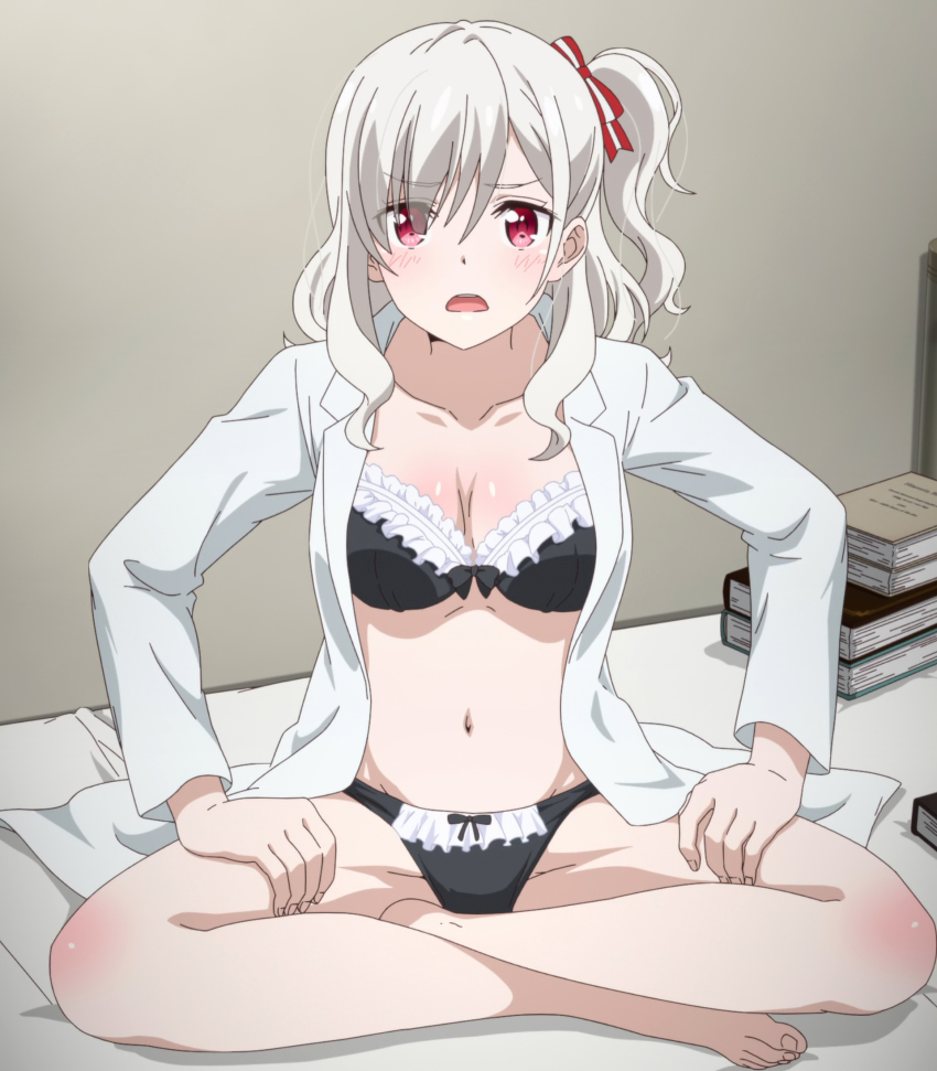 1girl, bed, black_bra, black_panties, blush, book, bra, breasts, collarbone, crotch, groin, highres, komagome_azuzu, large_breasts, looking_at_viewer, navel, on_bed, panties, red_eyes, senyoku_no_sigrdrifa, shiny_skin, shirt, sitting, solo, underwear, white_hair, white_shirt