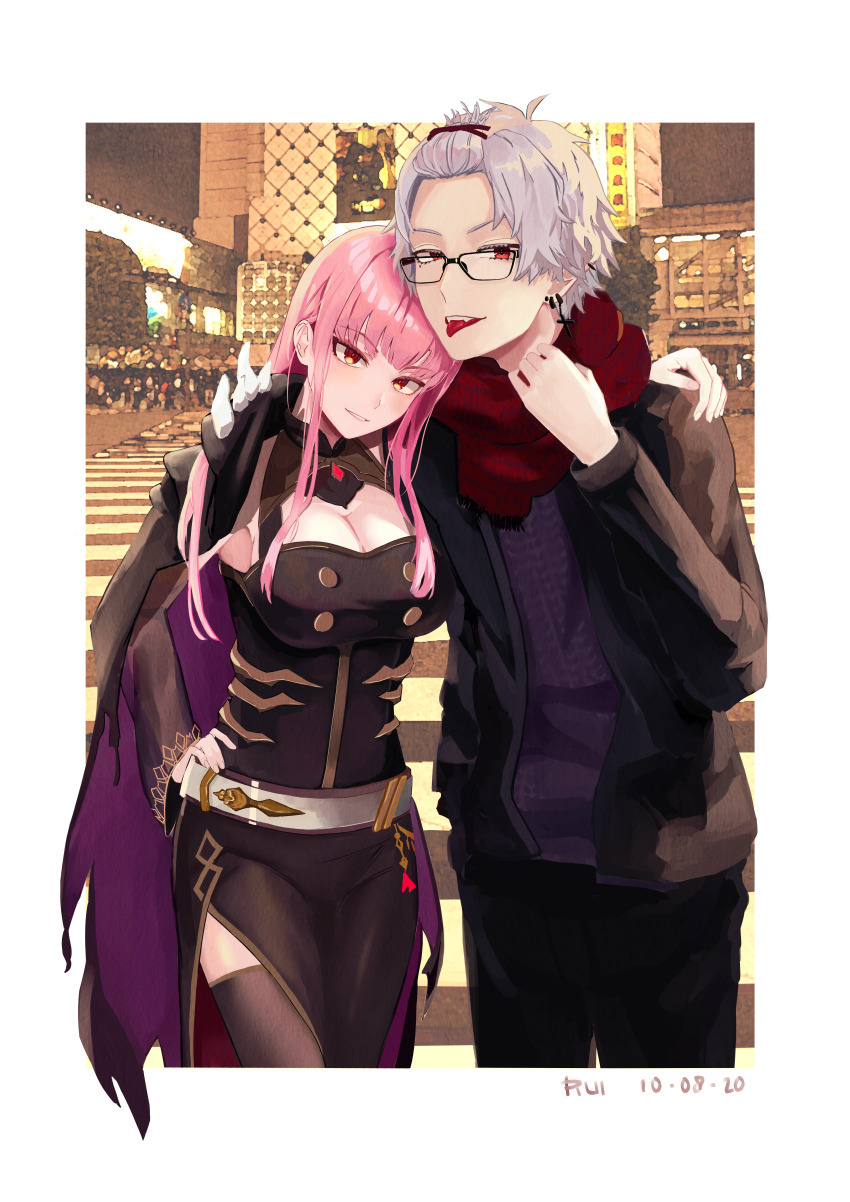1boy, 1girl, absurdres, arm_around_shoulder, bangs_pinned_back, black_dress, blunt_bangs, breasts, cleavage, clothes_grab, dated, detached_sleeves, dress, fangs, glasses, hand_on_own_hip, highres, holding, holding_unworn_clothes, holding_unworn_scarf, hololive, hololive_english, huge_filesize, kuzuha_(5th_costume)_(nijisanji), kuzuha_(nijisanji), large_breasts, leaning_on_person, mori_calliope, neckwear_grab, nijisanji, pink_eyes, pomerui, red_eyes, red_scarf, scarf, scarf_grab, see-through_clothes, see-through_sleeves, shibuya_(tokyo), thighhighs, tokyo_(city), tongue, tongue_out, unworn_scarf, vampire, virtual_youtuber, white_hair