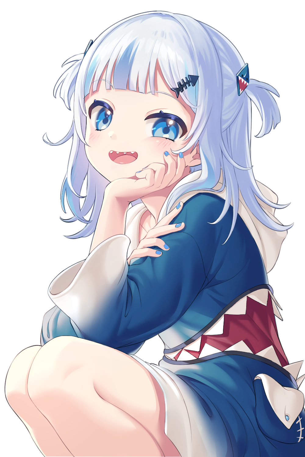 animal_hood, blunt_bangs, gawr_gura, gawr_gura_(1st_costume), highres, hololive, hololive_english, hood