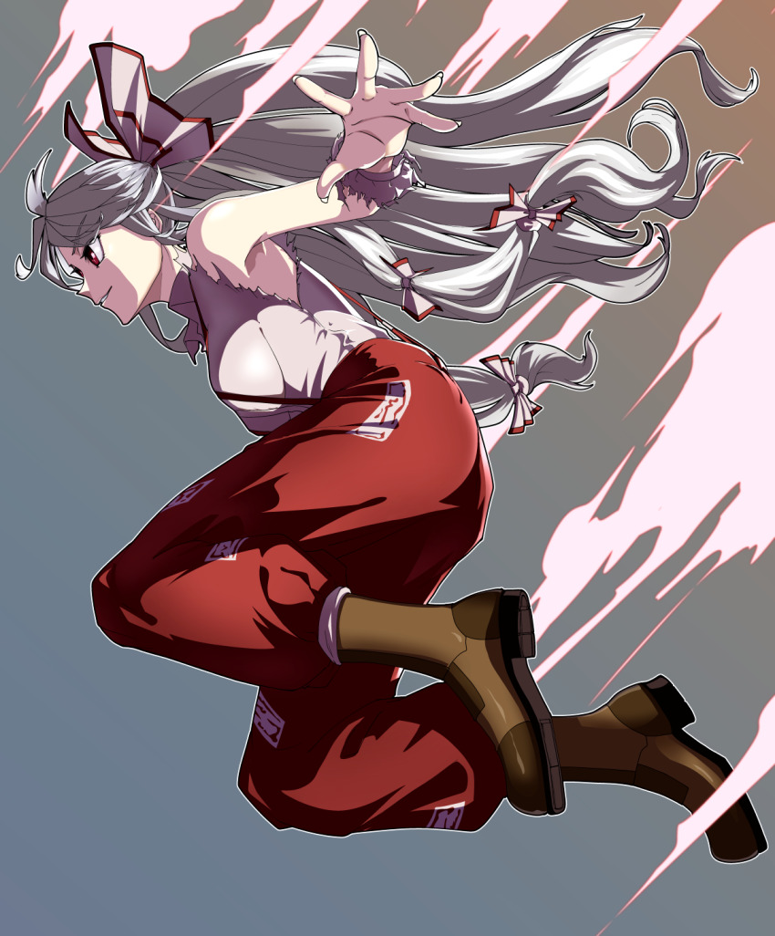 1girl, air_current, boots, bow, brown_boots, commentary, fujiwara_no_mokou, gradient_background