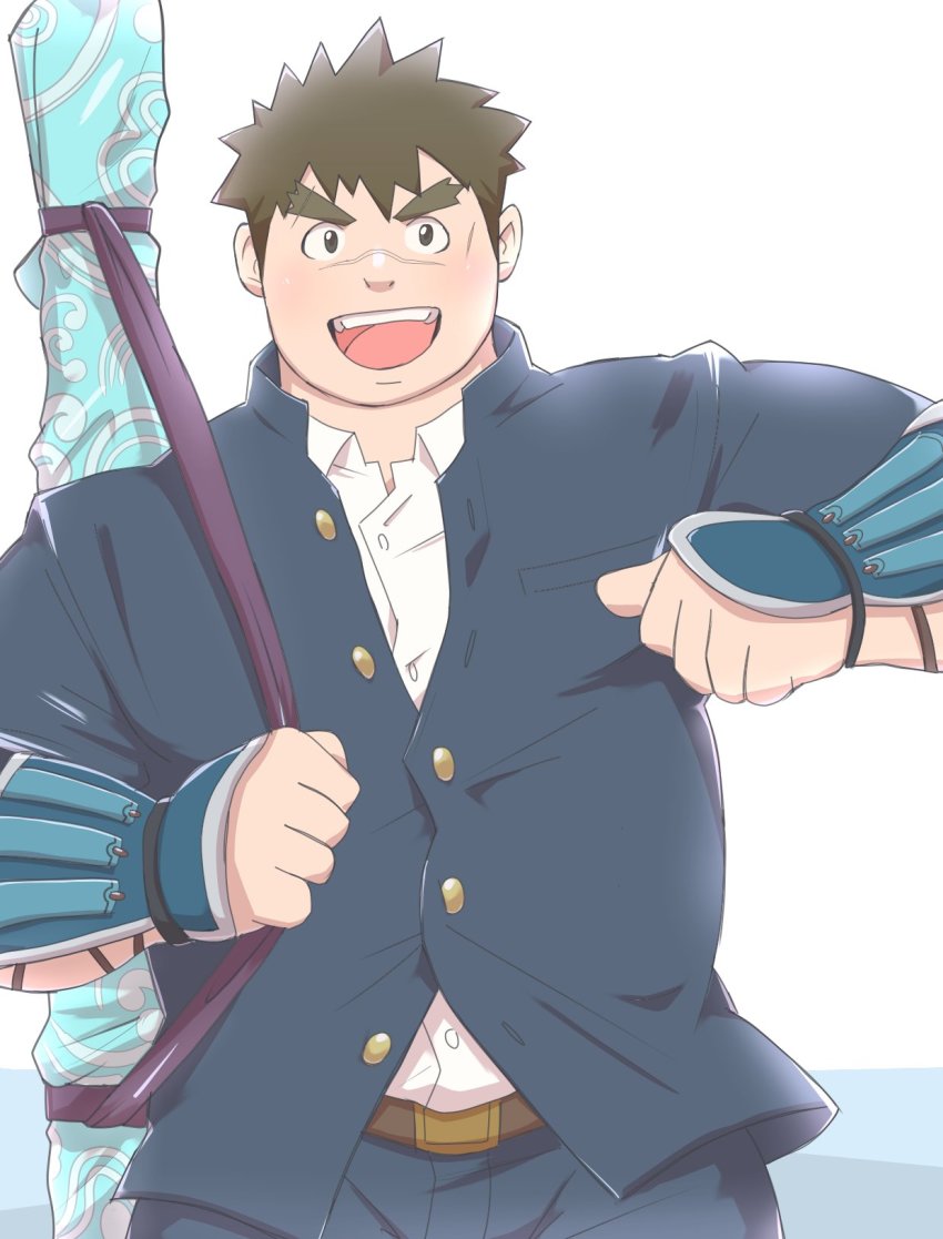 1boy, bara, belly, blue_jacket, blue_pants, blush, brown_hair, bulge