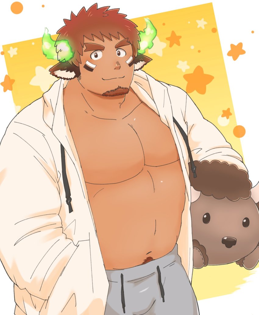 1boy, animal_ears, bara, bare_pectorals, belly, brown_hair, bulge, casual