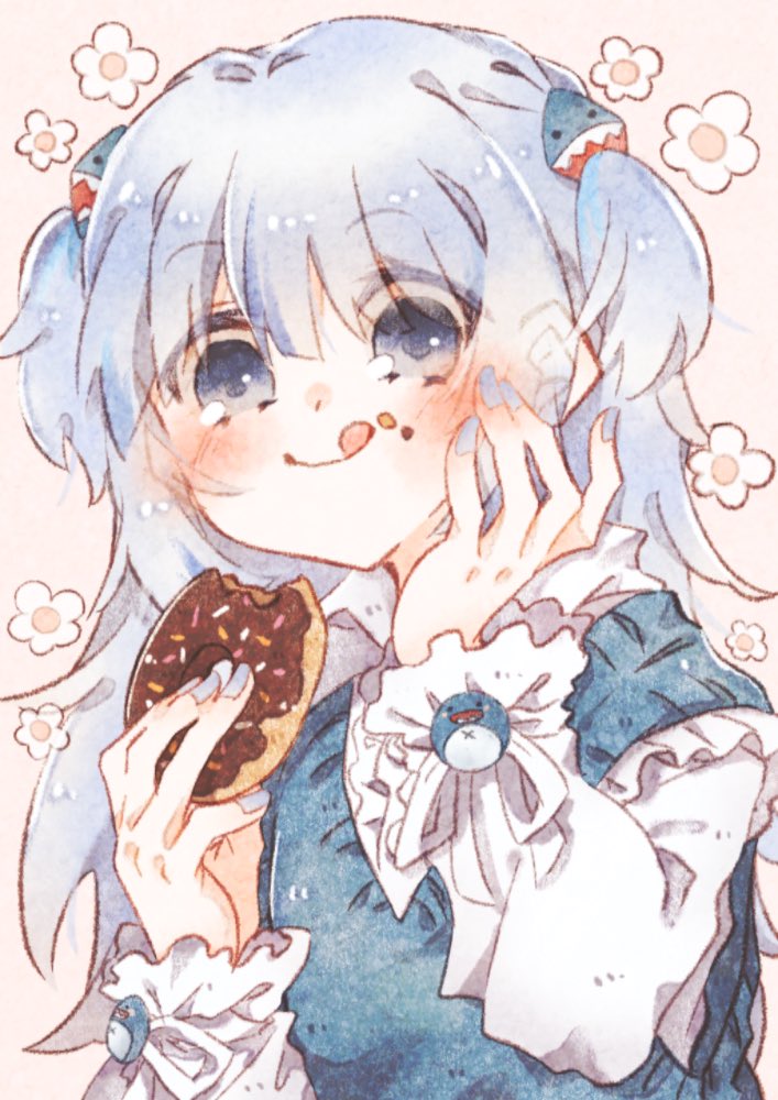 1girl, alternate_costume, bad_id, bad_twitter_id, blue_eyes, blue_hair, blue_nails, crumbs