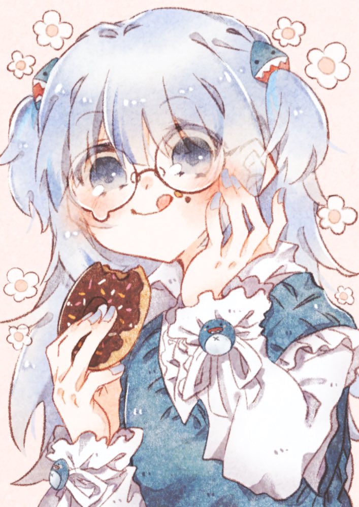 1girl, alternate_costume, bad_id, bad_twitter_id, bespectacled, blue_eyes, blue_hair, blue_nails, crumbs, dokkun0818, donut, flower, food, gawr_gura, glasses, hand_on_own_cheek, hand_on_own_face, holding, holding_food, hololive, hololive_english, licking_lips, looking_down, medium_hair, multicolored_hair, nail_polish, silver_hair, solo, streaked_hair, tongue, tongue_out, two_side_up, virtual_youtuber