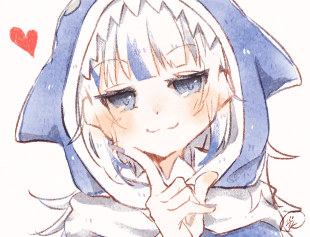 1girl, :3, animal_hood, blue_eyes, blue_hair, blush, dokkun0818, finger_to_cheek, gawr_gura, heart, hololive, hololive_english, hood, looking_at_viewer, medium_hair, multicolored_hair, shark_hood, silver_hair, smug, solo, streaked_hair, upper_body, virtual_youtuber