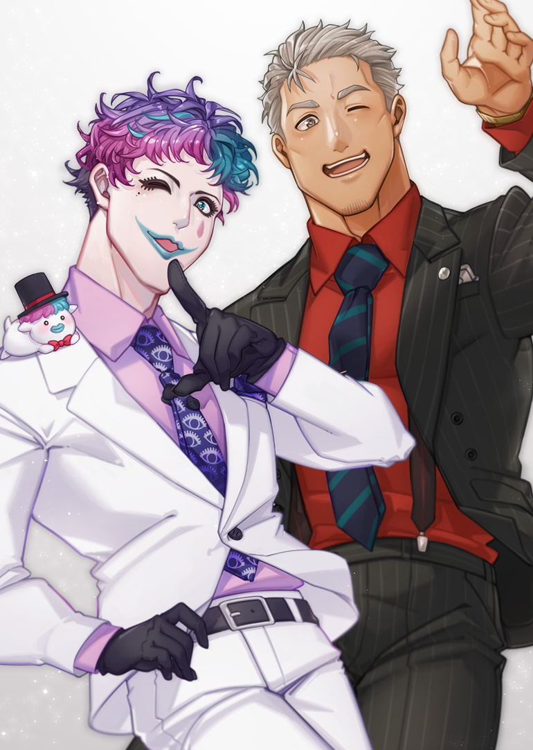 2boys, ;d, aqua_hair, belt, black_gloves, black_pants, blazer, blue_lips