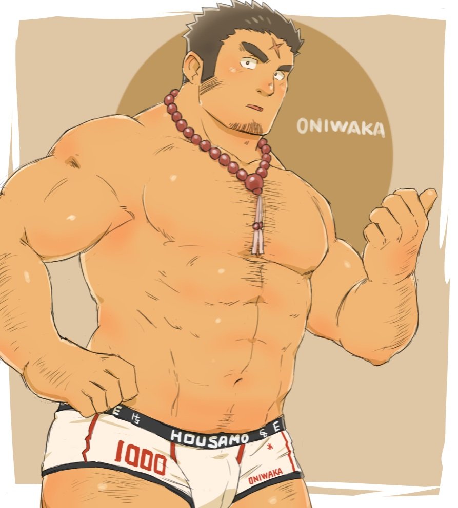 1boy, abs, arm_hair, bara, blush, body_hair, boxer_briefs, brown_hair