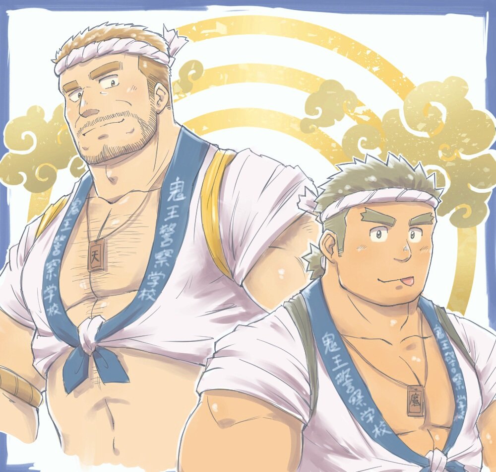 2boys, :p, aether_deity_(housamo), bara, bare_pectorals, blonde_hair, brown_eyes, character_request
