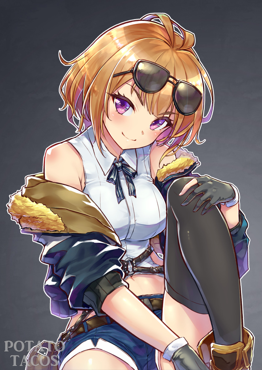 1girl, absurdres, bare_shoulders, blush, breasts, brown_hair, girls'_frontline, grizzly_mkv_(girls'_frontline), highres, making-of_available, medium_breasts, navel, potato_tacos, purple_eyes, short_hair, short_shorts, shorts, sleeveless, smile, solo, thighhighs, video_available