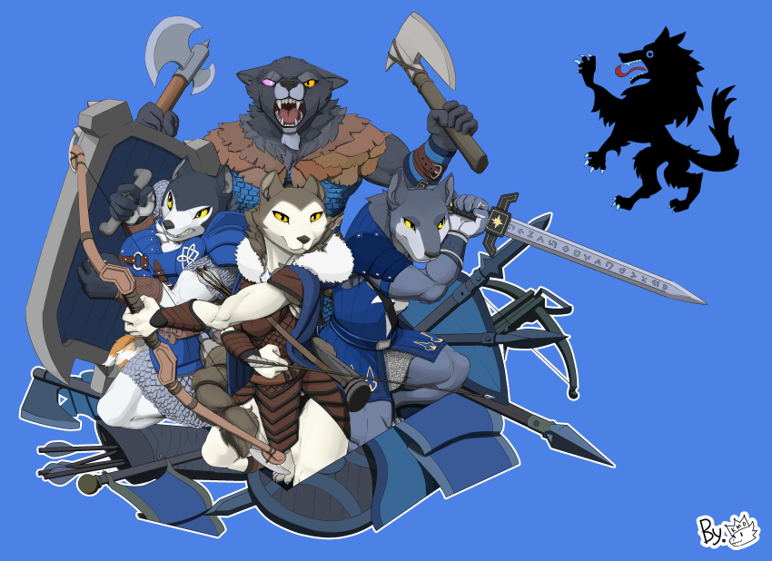 :o, absurdres, armello, armor, arrow_(projectile), axe, blue_background, bow_(weapon), chainmail, colored_sclera, dual_wielding, fangs, furry, furry_male, heterochromia, highres, holding, holding_shield, holding_sword, holding_weapon, komoking, polearm, purple_eyes, sharp_teeth, shield, simple_background, sword, teeth, weapon, wolf, yellow_sclera