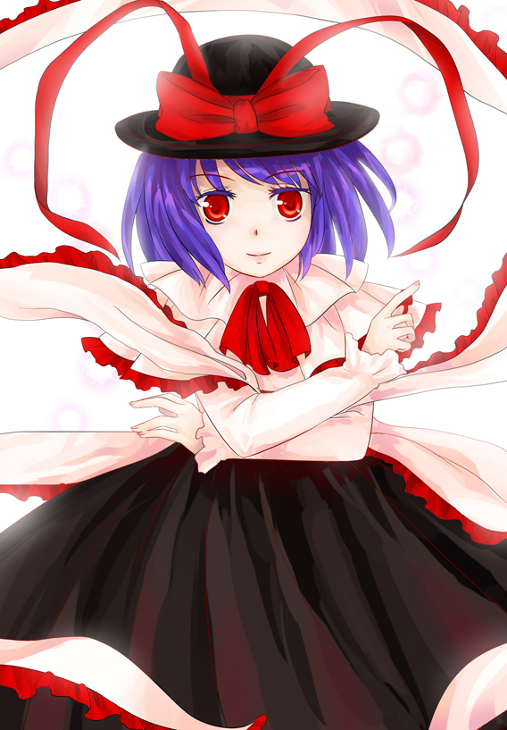 1girl, bad_id, bad_pixiv_id, female_focus, hat, nagae_iku, purple_hair, red_eyes, ribbon, rosea, shawl, short_hair, solo, touhou