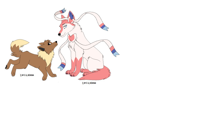 1boy, 1girl, anasia123, black_eyes, blue_eyes, bow, bowtie, brown_fur, eevee, fur, gen_1_pokemon, gen_6_pokemon, hair_ribbon, highres, nintendo, pink_bow, pink_fur, pokemon, pokemon_(creature), ribbon, self-upload, sylveon