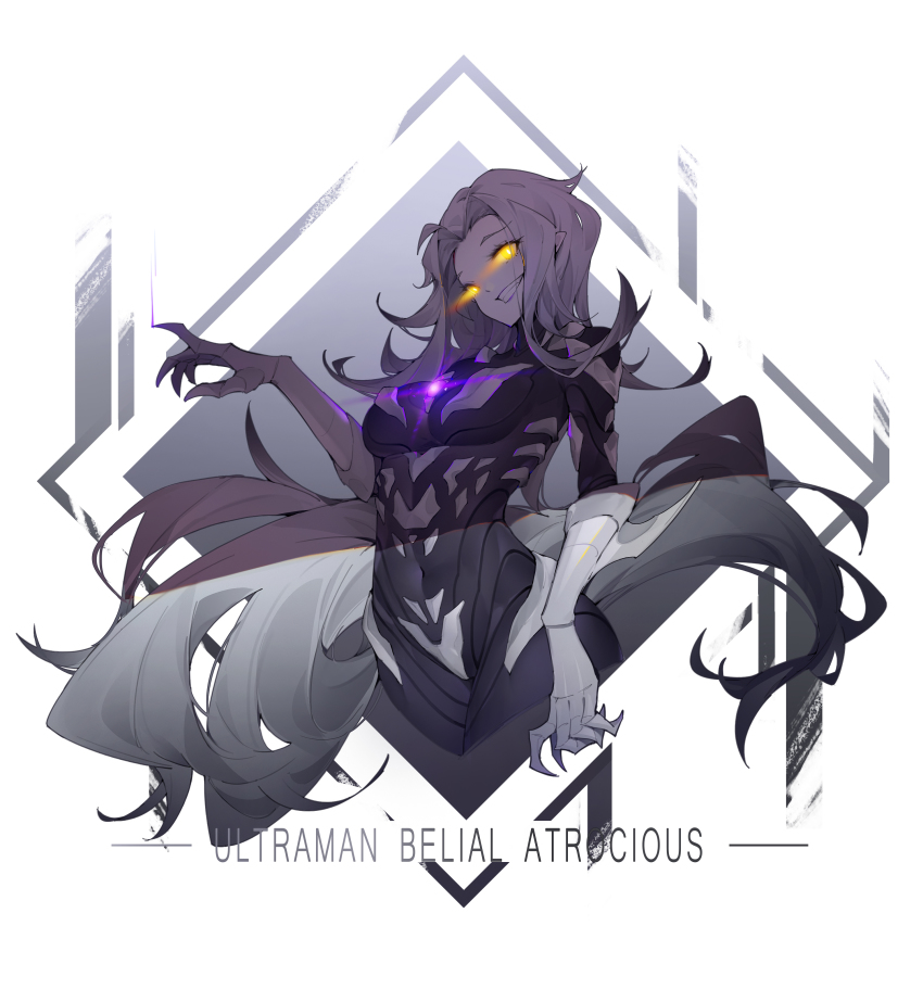 1girl, absurdres, armor, bodysuit, breasts, character_name, claws, eigo_ichii, eyes_visible_through_hair, gem, gender_request, genderswap, glowing, glowing_eyes, grey_hair, groin, highres, lipstick, long_hair, maebari, makeup, navel, purple_lips, solo, standing, teeth, ultra_series, ultraman, ultraman_belial, ultraman_belial_atrocious, ultraman_geed_(series), very_long_hair, yellow_eyes