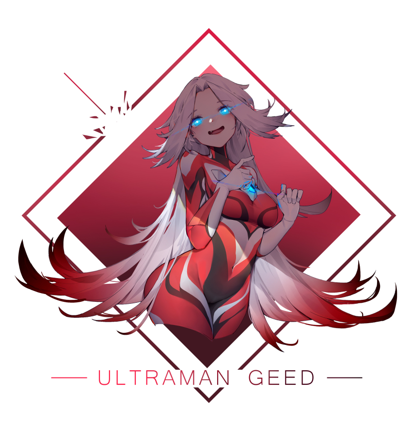 1girl, absurdres, blue_eyes, bodysuit, breasts, cameltoe, character_name, eigo_ichii, fang, gem, gender_request, genderswap, glowing, glowing_eyes, groin, highres, long_hair, navel, open_mouth, red_hair, silver_hair, solo, standing, ultra_series, ultraman, ultraman_geed, ultraman_geed_(series), very_long_hair