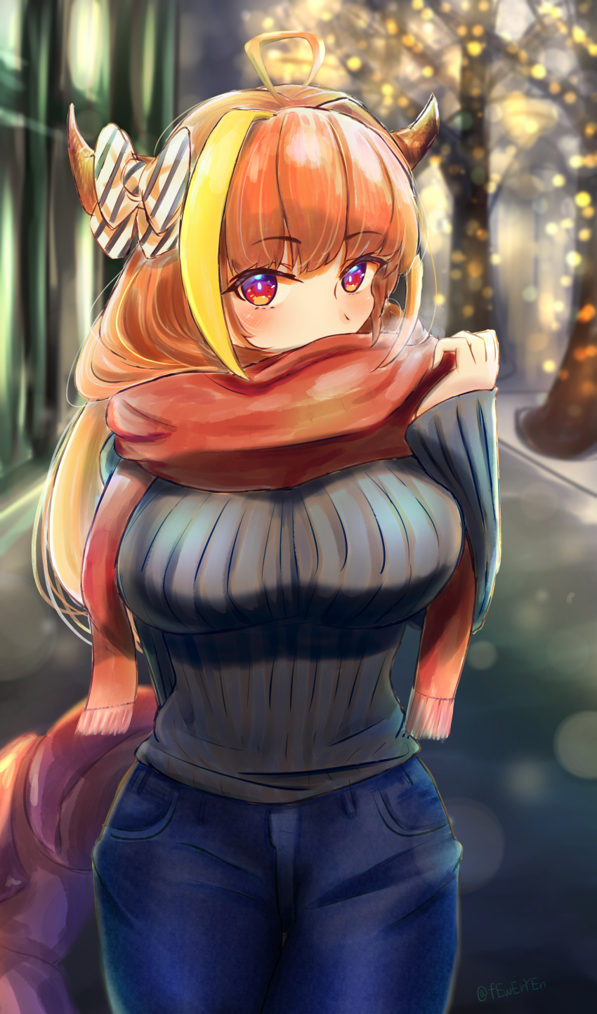 1girl, absurdres, ahoge, alternate_costume, arm_behind_back, blurry, bow, breasts