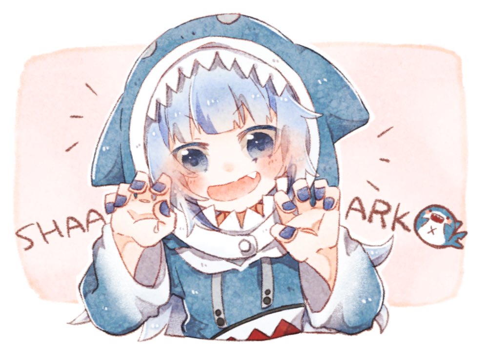 1girl, bad_id, bad_twitter_id, black_eyes, bloop_(gawr_gura), blue_hair, blue_hoodie, blunt_bangs