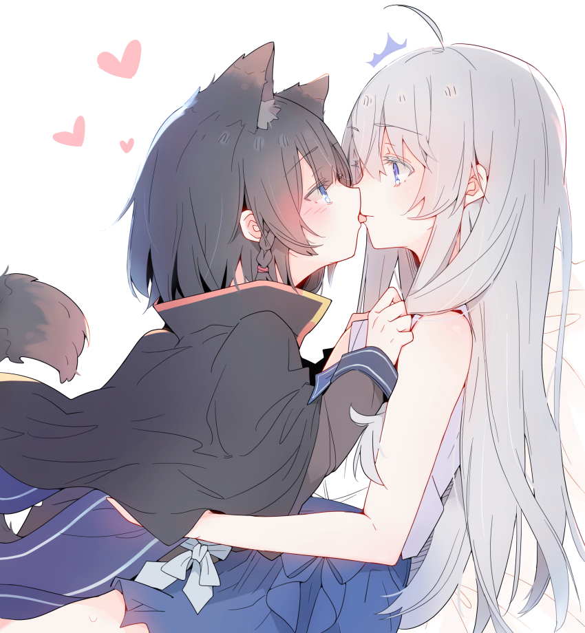 2girls, ^^^, absurdres, ahoge, animal_ear_fluff, animal_ears, bare_arms, bare_shoulders, black_cape, black_hair, blue_skirt, blush, braid, cape, closed_mouth, commentary_request, elaina_(majo_no_tabitabi), from_side, grey_hair, hair_between_eyes, hand_up, heart, highres, lionet0806, long_hair, long_sleeves, majo_no_tabitabi, multiple_girls, profile, saya_(majo_no_tabitabi), shirt, simple_background, skirt, sleeveless, sleeveless_shirt, surprised, tail, tail_raised, tongue, tongue_out, very_long_hair, white_background, white_shirt, yuri
