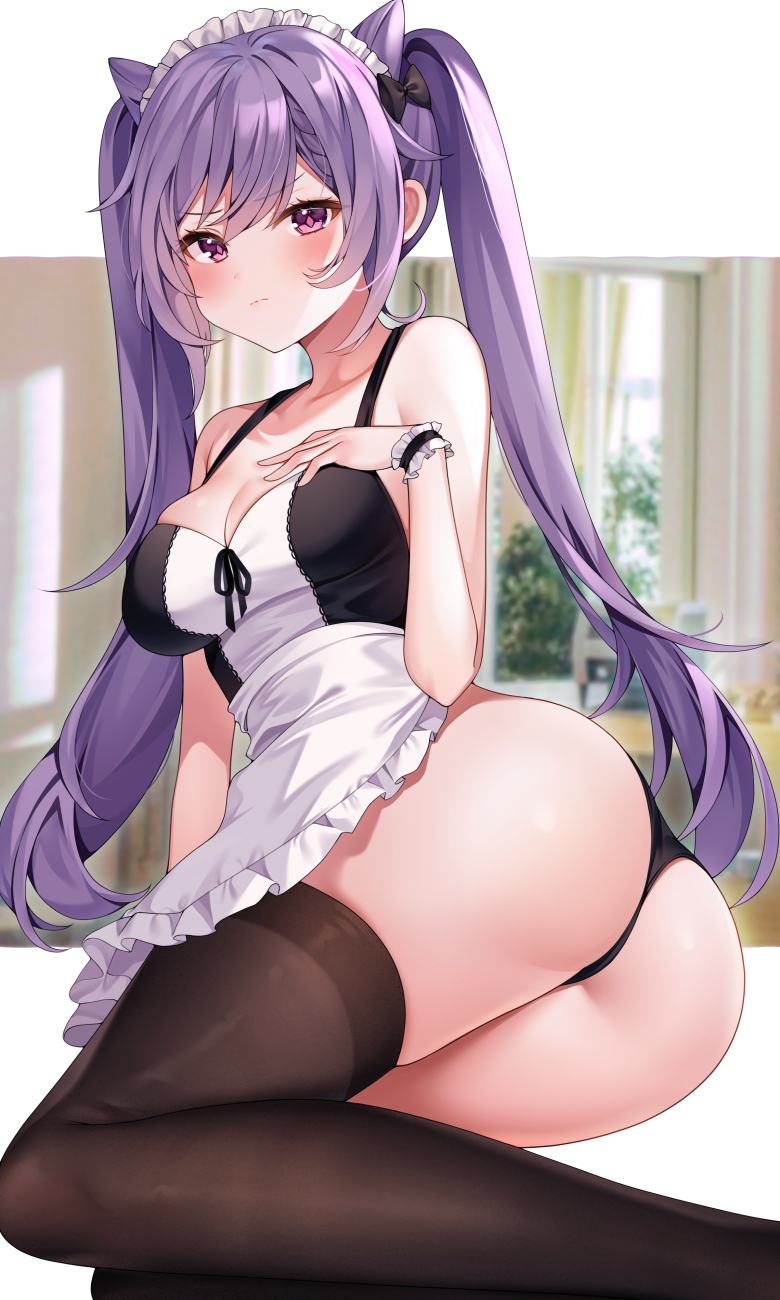 1girl, alternate_costume, apron, ass, bare_arms, bare_shoulders, black_panties, black_shirt