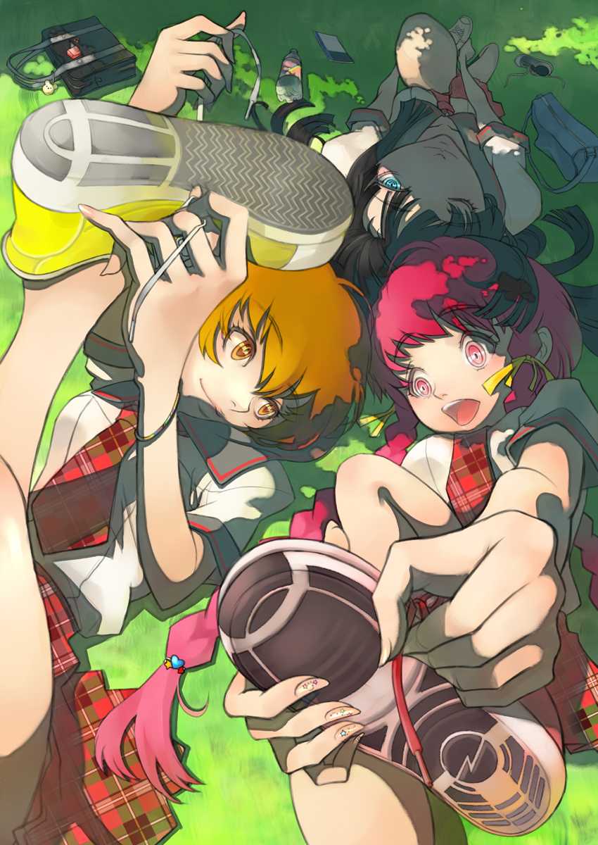 3girls, ai[sora], bad_id, bad_pixiv_id, black_hair, blonde_hair, blue_eyes, braid