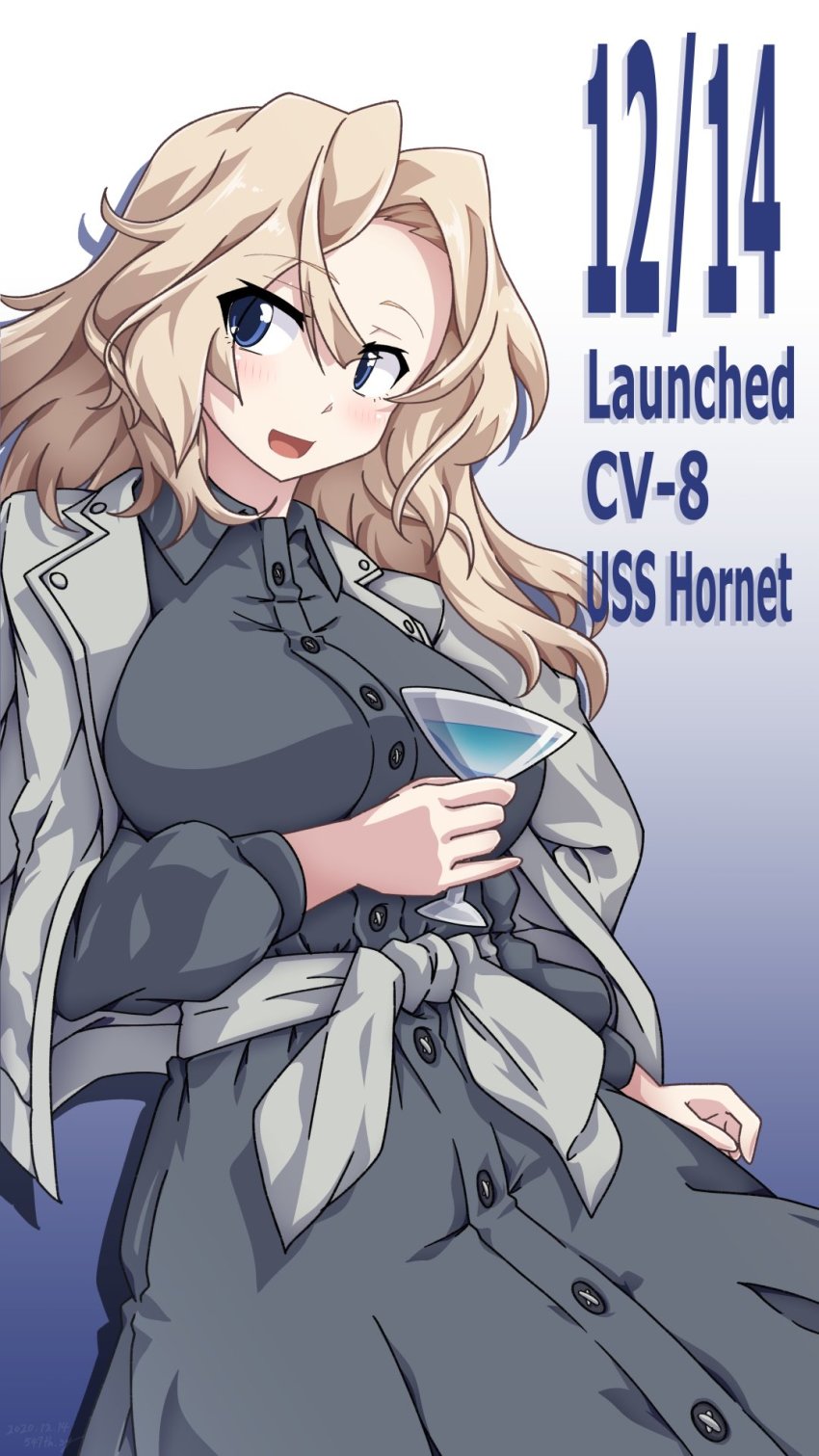 1girl, 547th_sy, blonde_hair, blue_dress, blue_eyes, breasts, buttons, character_name, clothes_around_waist, cup, dated, dress, drinking_glass, gradient_background, grey_jacket, highres, holding, holding_cup, hornet_(jal)_(kancolle), hornet_(kancolle), jacket, jacket_on_shoulders, kantai_collection, large_breasts, long_hair, long_sleeves, official_alternate_costume, open_mouth, simple_background, solo, upper_body, wine_glass
