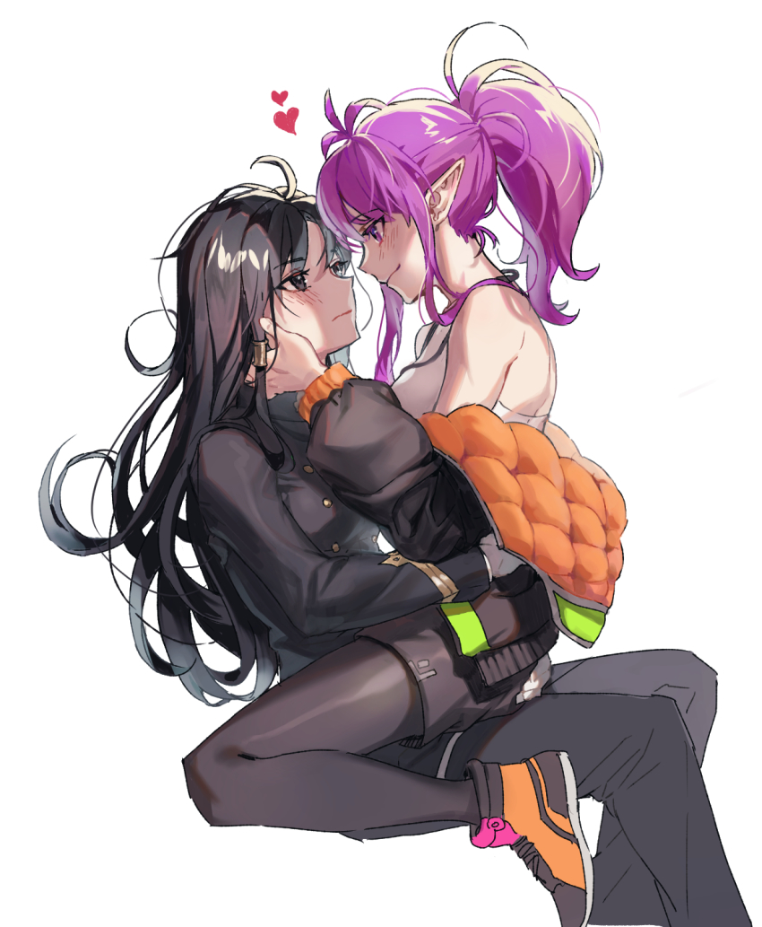 2girls, ahoge, astrid_remond, black_hair, black_jacket, black_legwear, blush, brown_eyes