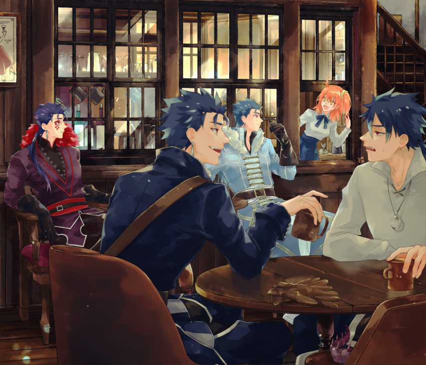 1girl, 4boys, alternate_costume, bar_(place), beads, belt, blue_hair, bottle