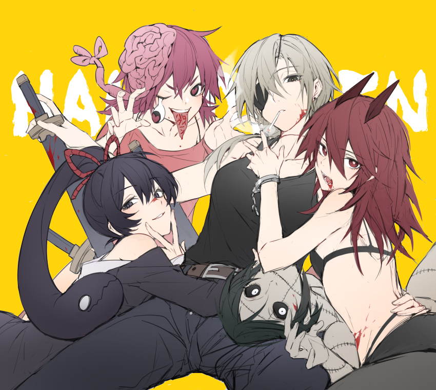 5girls, absurdres, affectionate_harem, black_eyes, black_hair, black_sclera, blood, blood_on_face