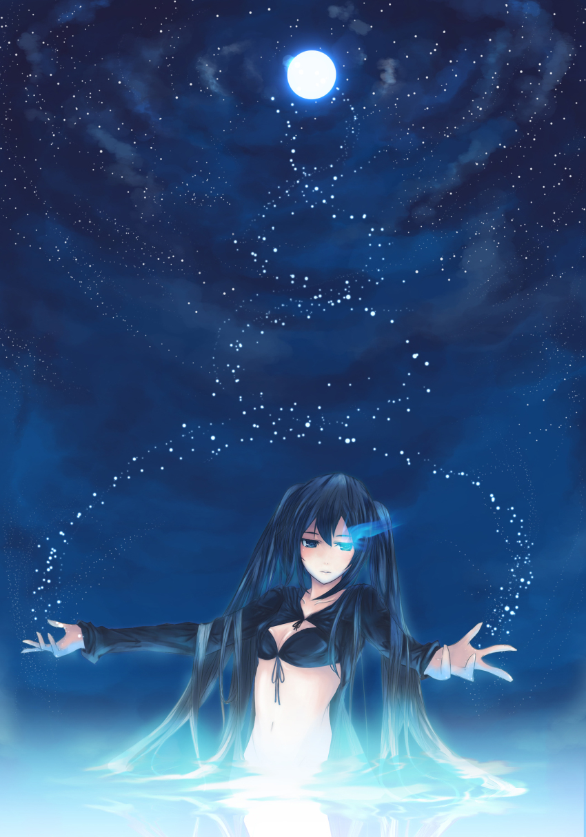 10s, 1girl, bikini, bikini_top_only, black_hair, black_rock_shooter, black_rock_shooter_(character), blue_eyes