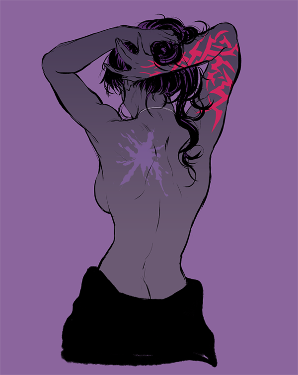 1girl, back, back_focus, bad_id, bad_pixiv_id, bare_back, black_hair, breasts, butt_crack, command_spell, facing_away, fate/stay_night, fate_(series), from_behind, genderswap, genderswap_(mtf), hair_lift, hands_up, j_(onjj), jewelry, kotomine_kirei, necklace, purple_background, scar, sideboob, simple_background, solo, topless_female, upper_body