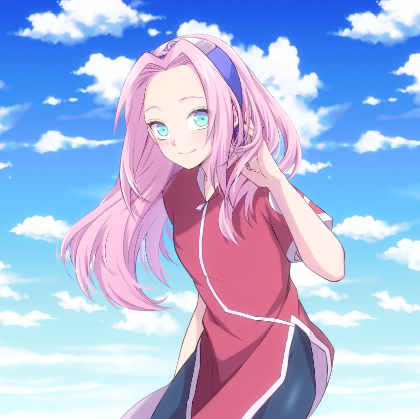 1girl, absurdres, black_pants, blue_eyes, blue_headband, blue_sky, closed_mouth, cloud, cowboy_shot, dress, floating_hair, hair_intakes, hand_in_own_hair, haruno_sakura, headband, highres, huge_filesize, long_hair, looking_at_viewer, mochiii-s, naruto_(classic), naruto_(series), pants, pink_hair, red_dress, short_sleeves, side_slit, sky, smile, solo, standing