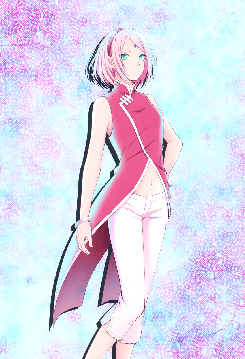 1girl, absurdres, boruto:_naruto_next_generations, bracelet, breasts, closed_mouth, facial_mark, green_eyes, hand_on_own_hip, haruno_sakura, headband, highres, huge_filesize, jacket, jewelry, looking_at_viewer, midriff, mochiii-s, naruto_(series), navel, pants, parted_bangs, pink_hair, red_headband, red_jacket, short_hair, sleeveless, sleeveless_jacket, small_breasts, solo, standing, stomach, white_pants