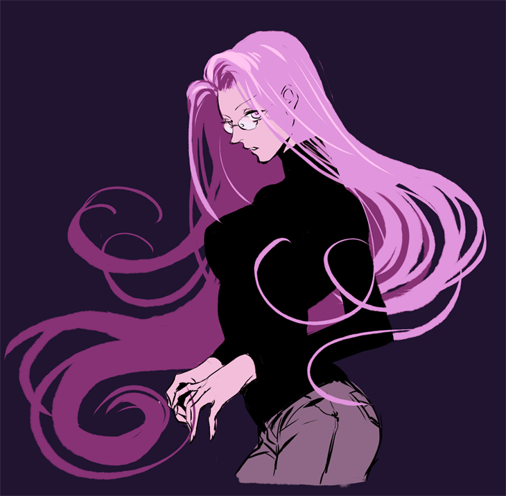 1girl, bad_id, bad_pixiv_id, denim, fate/hollow_ataraxia, fate/stay_night, fate_(series), flat_color, from_side, glasses, j_(onjj), jeans, limited_palette, long_hair, long_sleeves, looking_at_viewer, medusa_(fate), medusa_(rider)_(fate), official_alternate_costume, pants, parted_bangs, purple_background, purple_eyes, purple_hair, simple_background, solo, square_pupils, turtleneck, upper_body