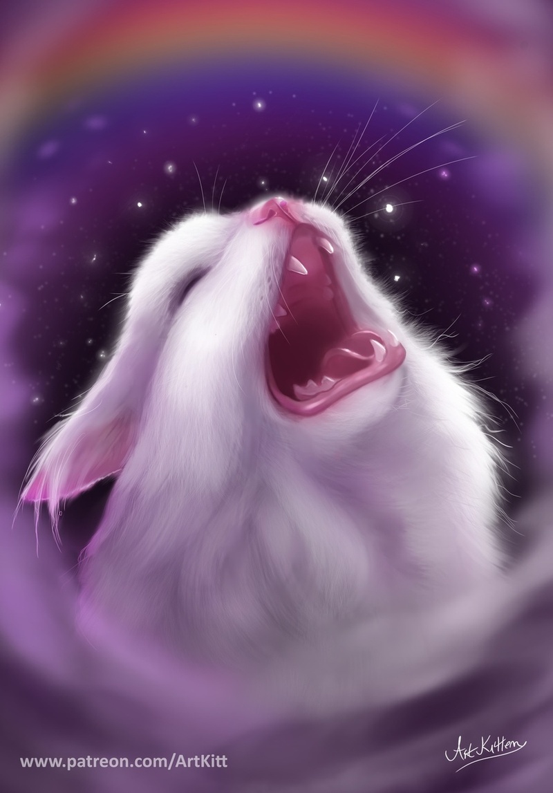 1boy, animal, animal_ear_fluff, animal_ears, animal_focus, animal_nose, artist_name, artkitt_(artkitt-creations), blurry, cat, cat_ears, closed_eyes, commentary, english_commentary, heart, male_focus, no_humans, open_mouth, patreon_username, portrait, rainbow, real_life, sharp_teeth, signature, solo, star_(sky), teeth, thurston_waffles, tongue, tongue_out, upper_body, whiskers, white_fur