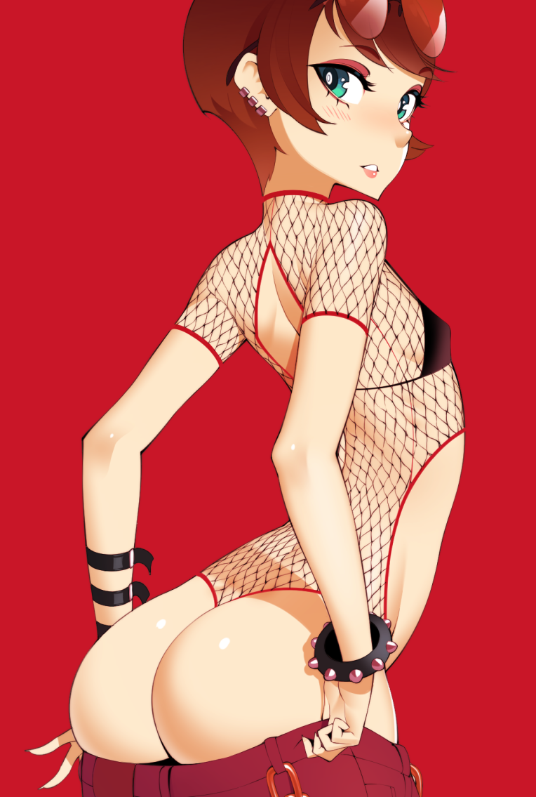 1girl, ass, blush, bracelet, bright_pupils, brown_hair, commentary, commission