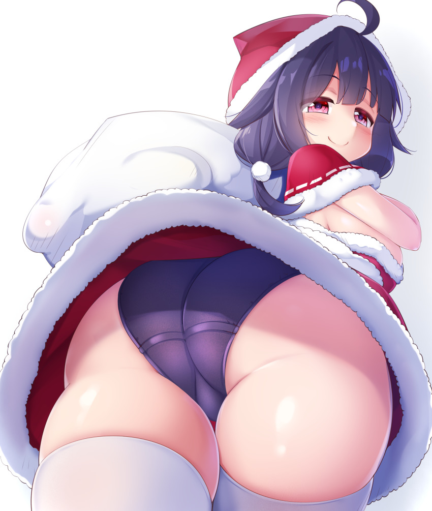 1girl, absurdres, ahoge, ass, ass_focus, bare_arms, black_panties, blush, breasts, capelet, christmas, commentary_request, cowboy_shot, from_behind, from_below, fur_trim, hair_ornament, hairband, hat, hayasui_(christmas)_(kancolle), highres, kantai_collection, kurokoshou_(emuburemu123), large_breasts, long_hair, looking_at_viewer, low_twintails, panties, purple_hair, red_capelet, red_eyes, red_headwear, ryuuhou_(kancolle), ryuuhou_kai_ni_(kancolle), sack, santa_costume, santa_hat, skindentation, smile, solo, taigei_(christmas)_(kancolle), taigei_(kancolle), thick_thighs, thigh_gap, thighhighs, thighs, twintails, underwear, white_thighhighs