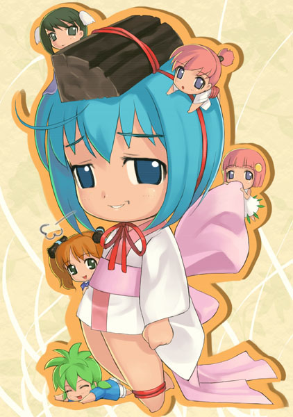 00s, 6+girls, ahoge, anklet, aroe, binchou-tan, binchou-tan_(character), blue_eyes