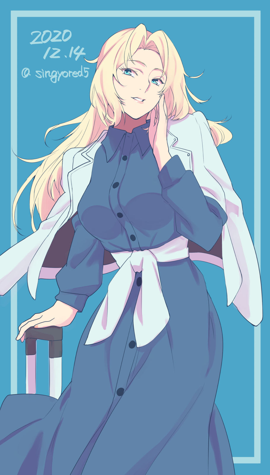 1girl, blonde_hair, blue_background, blue_dress, blue_eyes, blue_jacket, buttons, collared_dress, dated, dress, highres, hornet_(jal)_(kancolle), hornet_(kancolle), jacket, jacket_on_shoulders, kantai_collection, lips, long_hair, long_sleeves, official_alternate_costume, one-hour_drawing_challenge, open_mouth, shingyou_(alexander-13), solo, twitter_username