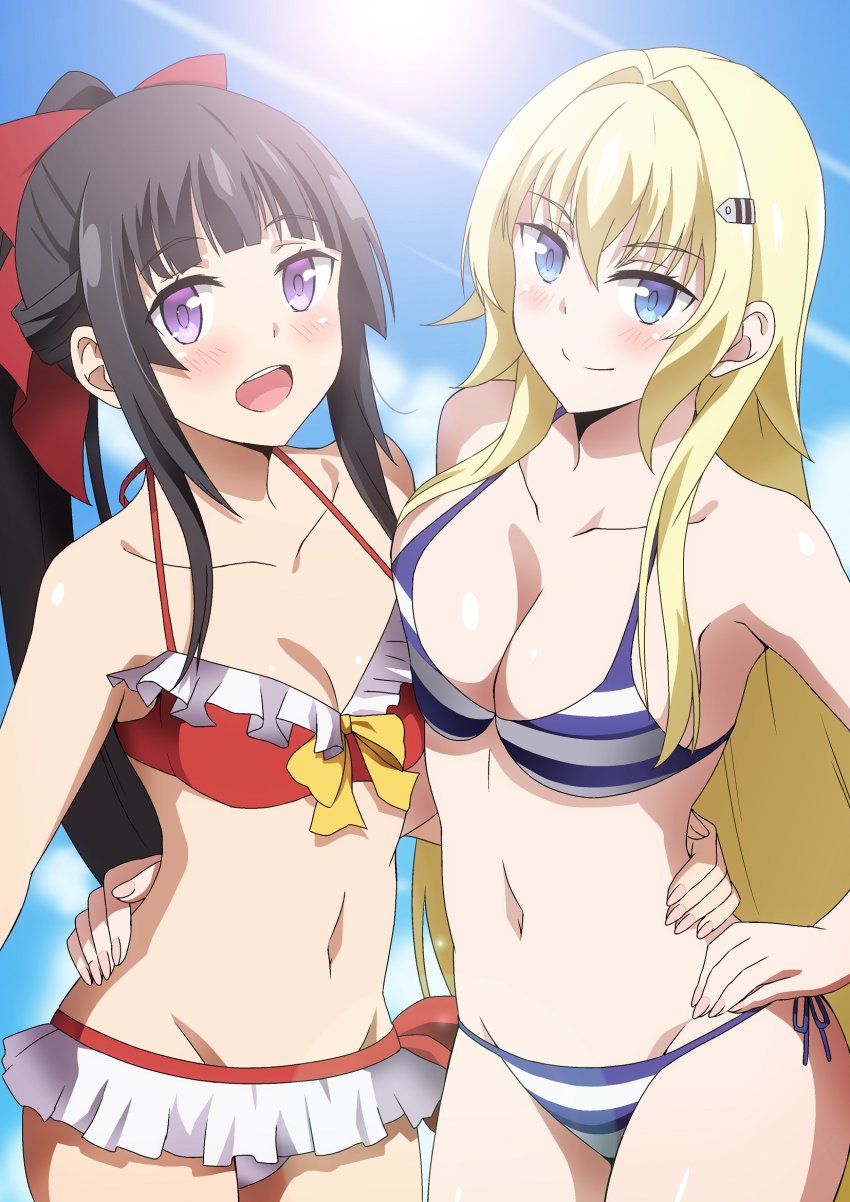 2girls, :d, bare_arms, bare_shoulders, bikini, bikini_skirt, black_hair, blonde_hair, blue_eyes, blue_sky, blunt_bangs, bow, breast_press, breasts, claudia_bruford, cleavage, closed_mouth, cloud, collarbone, cowboy_shot, day, frilled_bikini, frills, hair_bow, hair_intakes, hair_ornament, hairclip, hand_on_another's_waist, hand_on_own_hip, hara_(harayutaka), highres, medium_breasts, muguruma_miyako, multiple_girls, navel, open_mouth, outdoors, purple_eyes, red_bikini, senyoku_no_sigrdrifa, sidelocks, sky, small_breasts, smile, standing, striped_bikini, striped_clothes, sunlight, swimsuit, teeth, upper_teeth_only, white_bikini