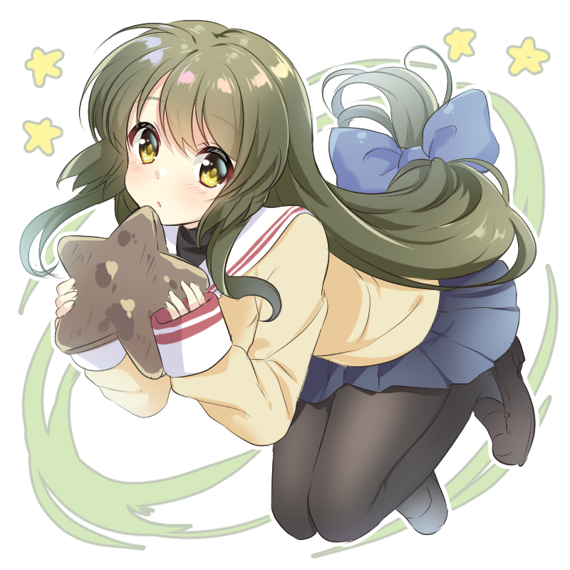 1girl, :o, black_pantyhose, black_shoes, blue_bow, blue_skirt, blush, bow