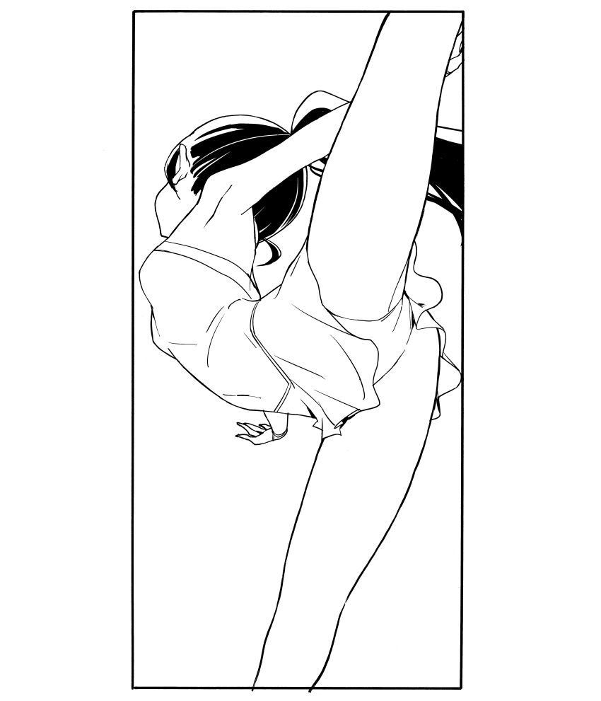 1girl, absurdres, armpits, border, breasts, covered_navel, facing_away, feet_out_of_frame