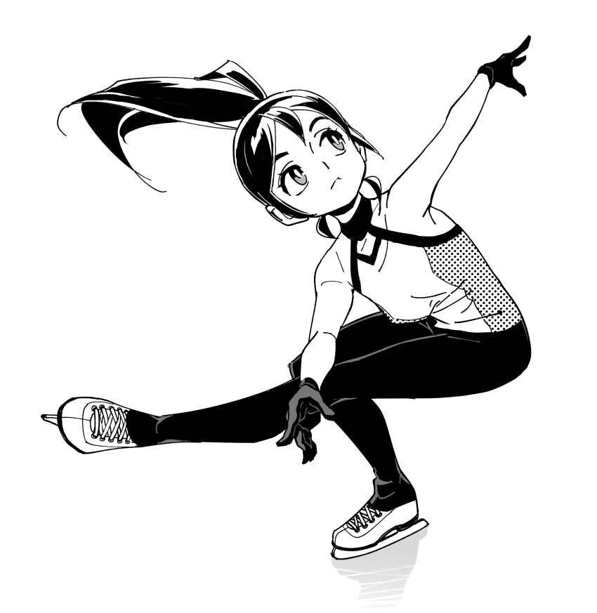 1girl, absurdres, armpits, black_gloves, black_hair, black_pants, figure_skating, gloves