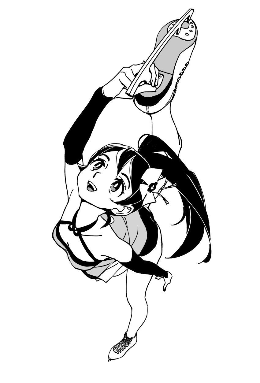 1girl, absurdres, black_hair, figure_skating, figure_skating_dress, flower, from_above, greyscale