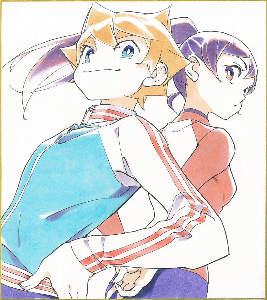 1boy, 1girl, absurdres, blonde_hair, blue_eyes, breasts, cowboy_shot, hands_on_own_hips