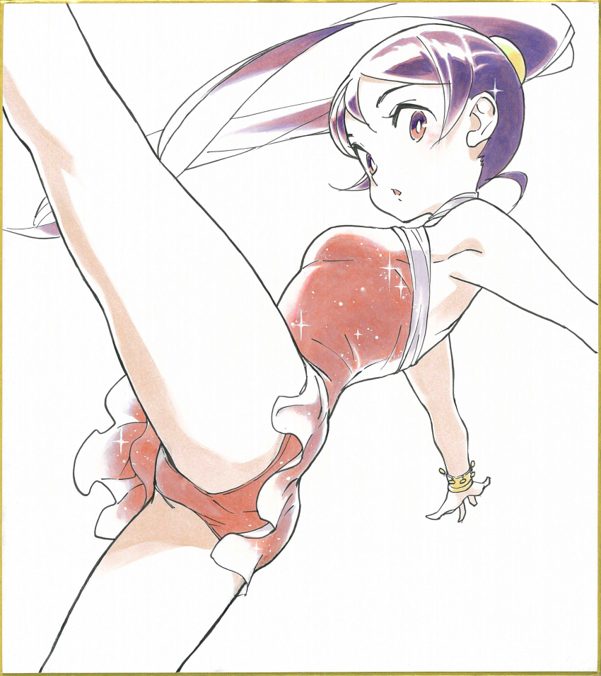 1girl, absurdres, blush, bracelet, dress, feet_out_of_frame, figure_skating, figure_skating_dress