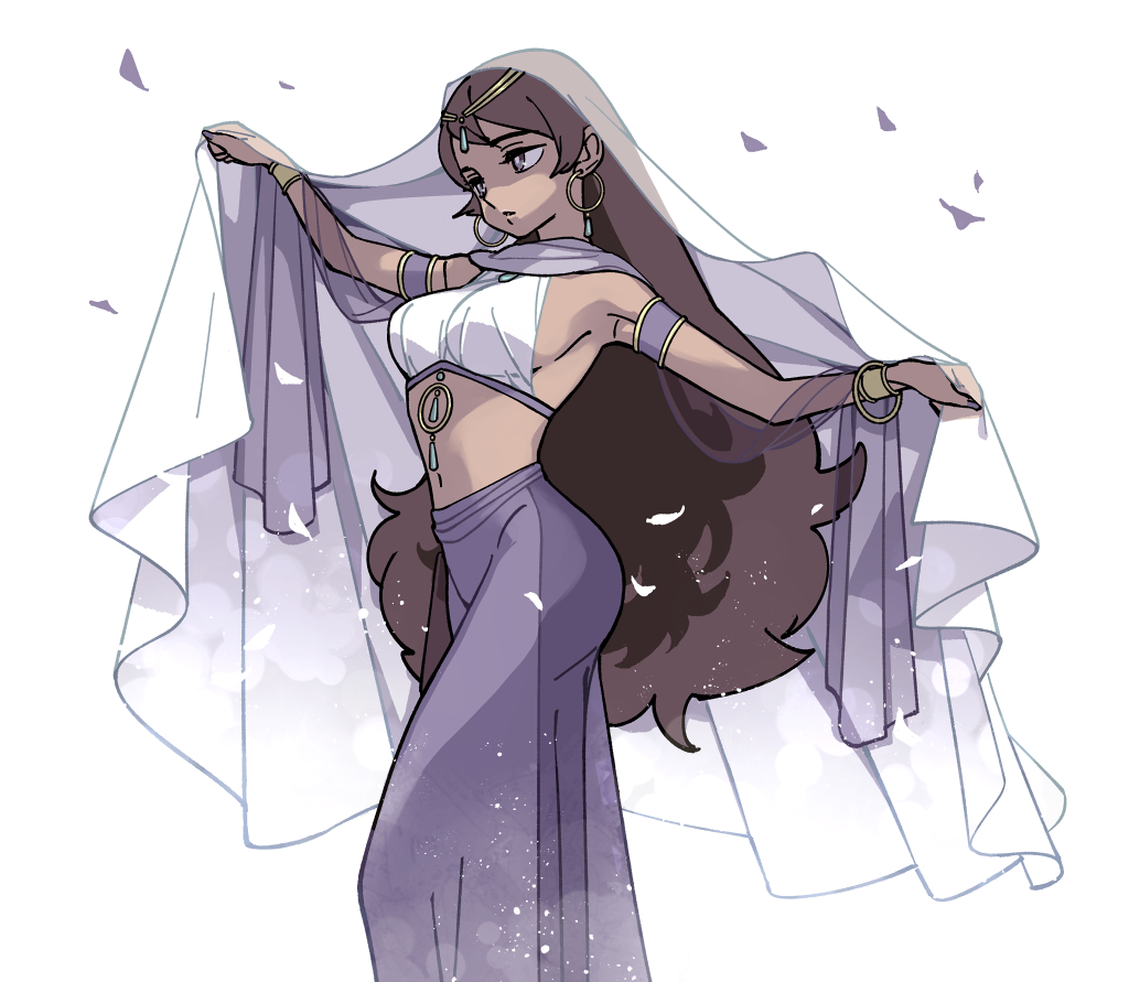 1girl, armpits, bracelet, breasts, brown_hair, dark_skin, dark-skinned_female, earrings