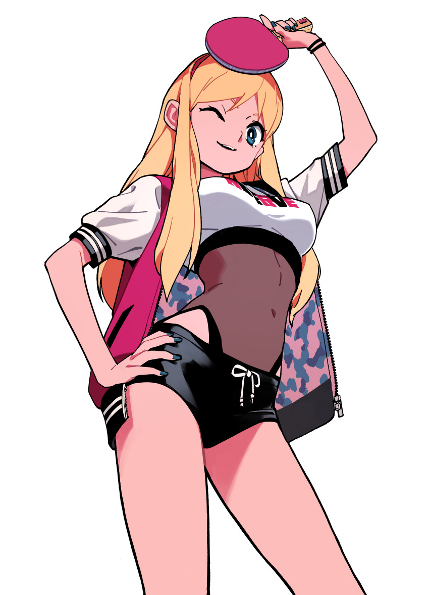1girl, absurdres, aqua_eyes, bare_legs, black_shorts, blonde_hair, cowboy_shot, crop_top, highleg, highres, jacket, long_hair, navel, one_eye_closed, original, see-through_clothes, shirt, short_shorts, short_sleeves, shorts, simple_background, solo, tayama_midori, white_background, white_shirt