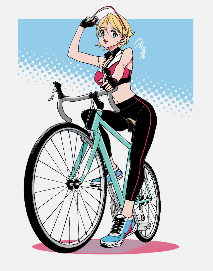 1girl, absurdres, aqua_eyes, aqua_nails, bare_shoulders, bicycle, black_gloves, black_legwear