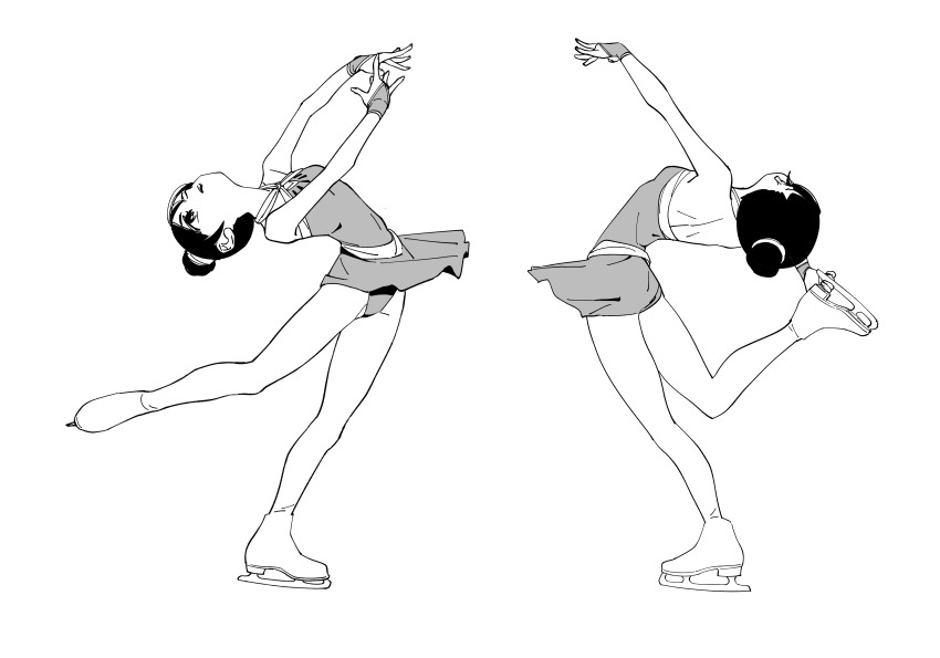 2girls, absurdres, arms_up, black_hair, dress, figure_skating, figure_skating_dress, grey_dress